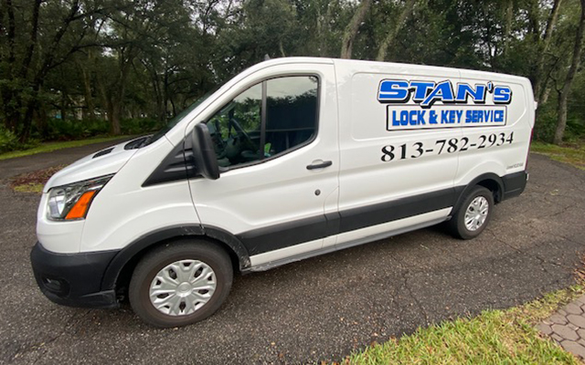 White van with Stan's Lock and Key logo
